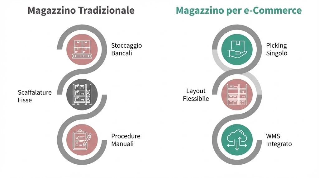 Infografica che confronta il magazzino tradizionale (bancali, stoccaggio statico) con il magazzino e-commerce (picking singolo, flessibilità operativa).