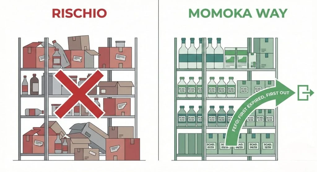 Illustrazione comparativa tra un magazzino a rischio (disordinato) e il "Momoka Way" basato sul metodo FEFO (First Expired, First Out) per la corretta rotazione degli integratori alimentari.