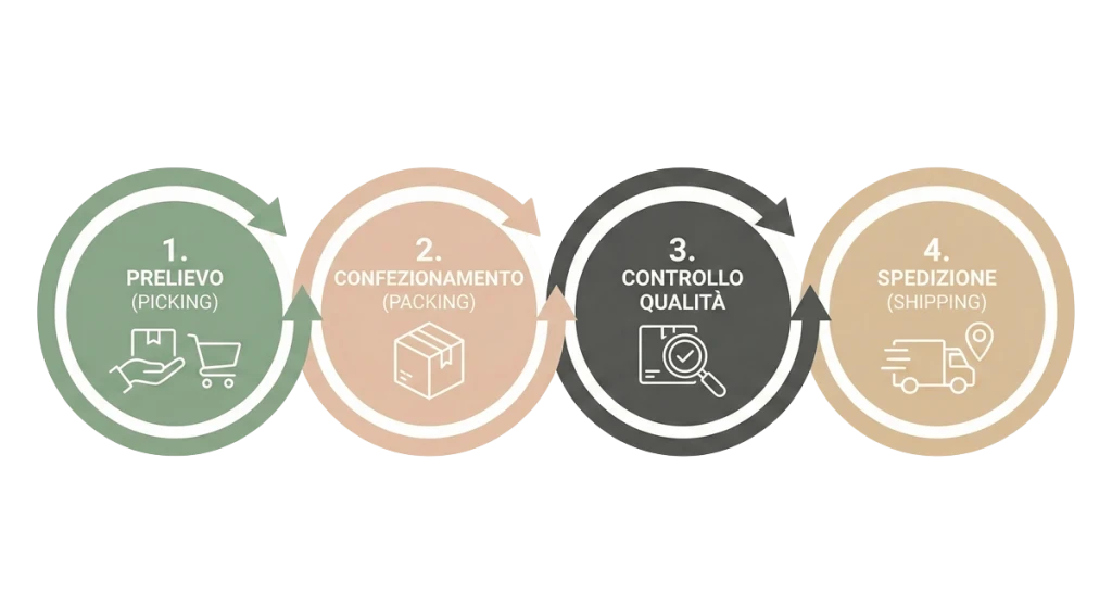 nfografica circolare di Momokacorp che illustra le 4 fasi del Pick & Pack: 1. Prelievo (Picking), 2. Confezionamento (Packing), 3. Controllo Qualità e 4. Spedizione (Shipping).
