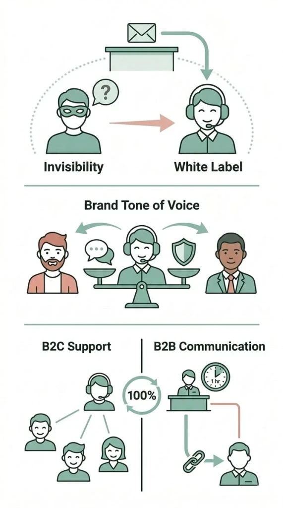 Infografica che illustra come il customer service di Momoka operi in modalità white label, adattandosi al tone of voice del brand per il 100% dell'assistenza B2C, separata dalla comunicazione B2B.