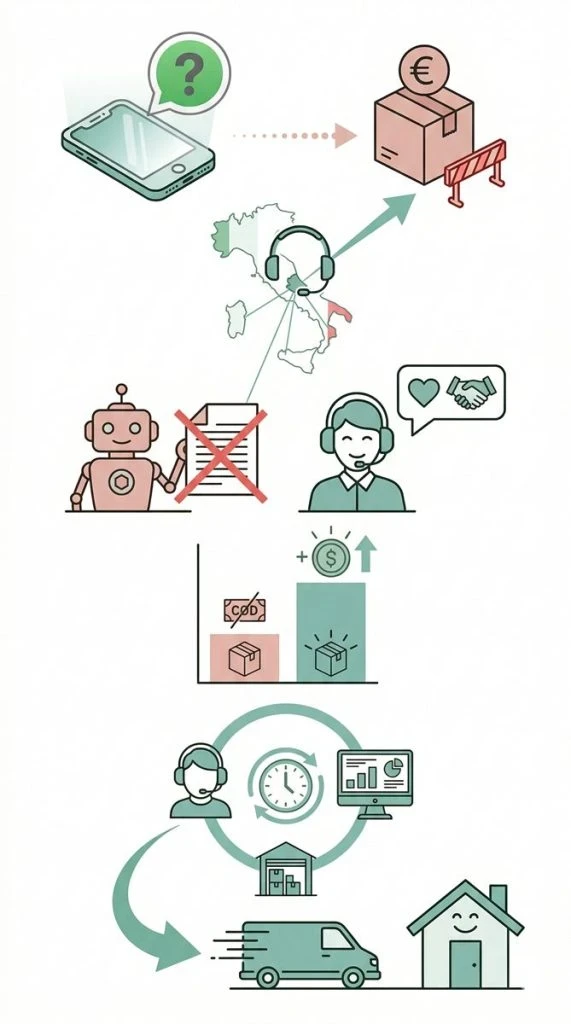 Infografica del processo di recupero ordini COD Momoka: dalla mancata risposta su WhatsApp alla chiamata del team interno, con sincronizzazione WMS e consegna finale.