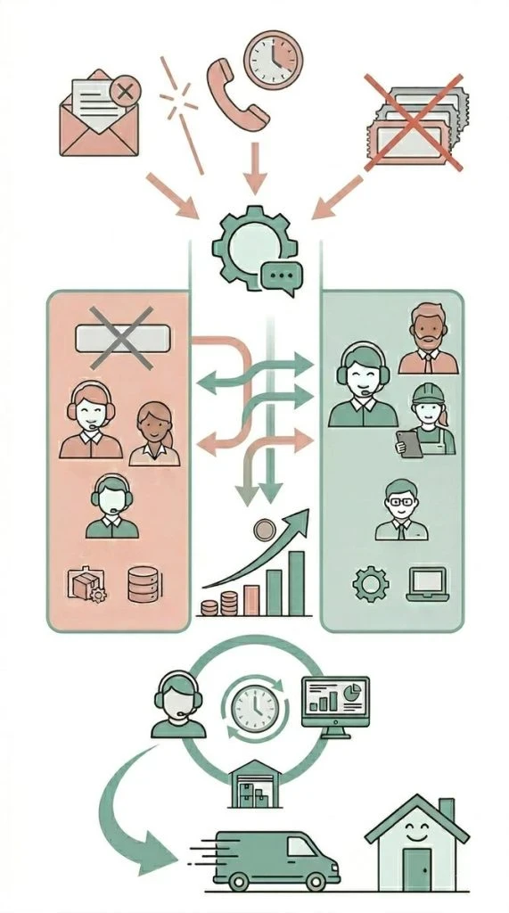 Infografica che illustra il superamento dei ticket e delle email tradizionali a favore di una chat integrata tra il team del merchant e il team Momoka (Account Manager, Magazzino, IT) per la gestione fluida di stock e spedizioni.