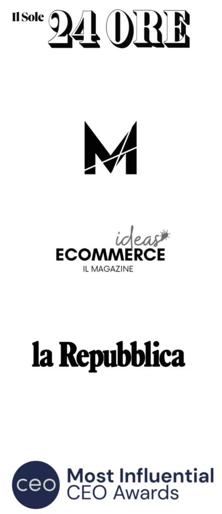 Loghi di Il Sole 24 Ore, Ecommerce Magazine, la Repubblica e Most Influential CEO Awards che citano MOMOKA nel settore logistica eCommerce 3PL