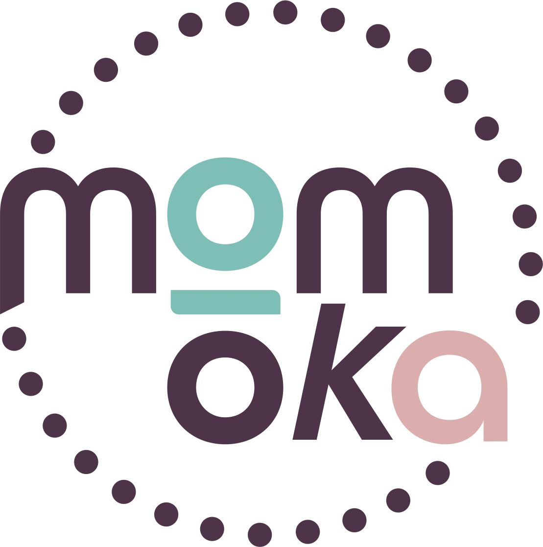 Logo Momoka con lettere stilizzate e cerchio puntinato decorativo.