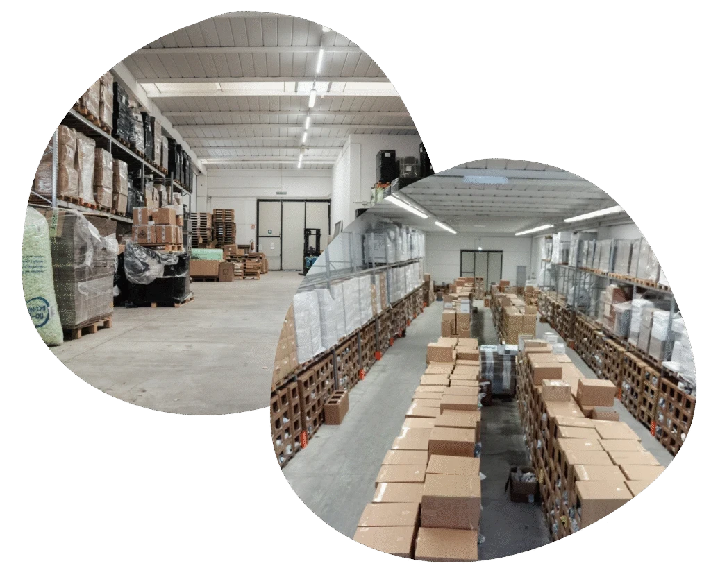 Magazzino eCommerce 3PL MOMOKA con scaffalature, pallet e colli pronti per spedizioni e gestione ordini