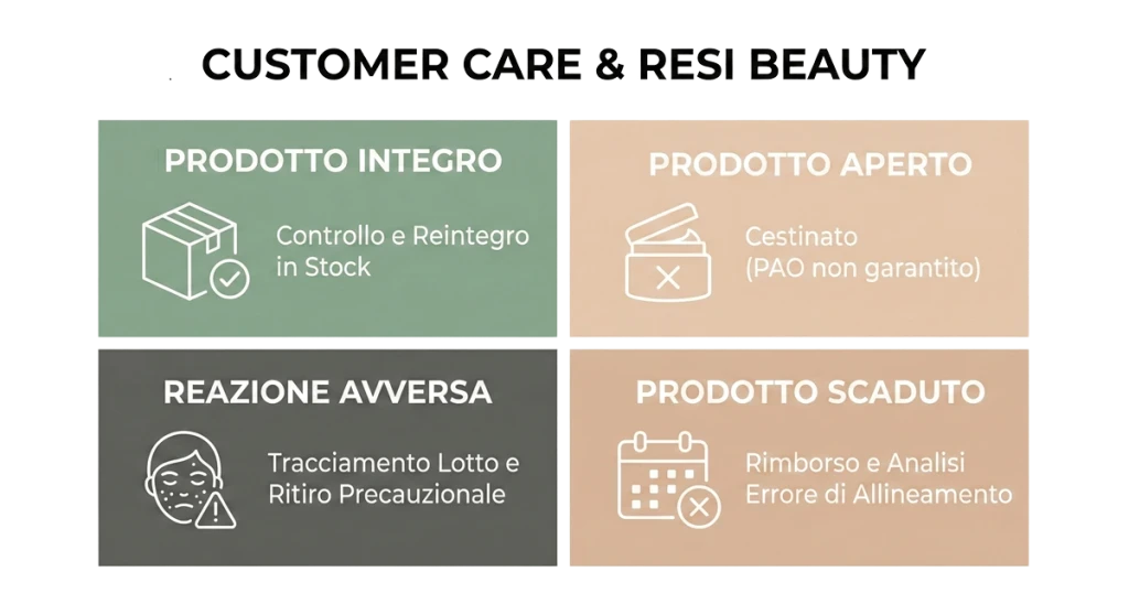 Griglia per il Customer Care sulla gestione dei resi cosmetici: Integro, Aperto (cestinato), Reazione avversa e Scaduto.