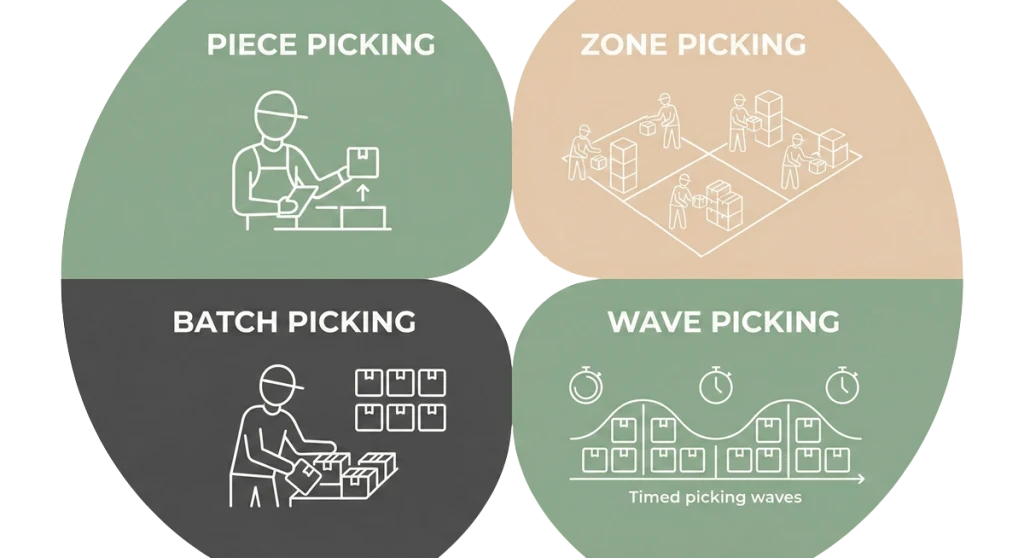 Schema grafico Momoka che spiega le differenze tra Piece, Zone, Batch e Wave picking per magazzino.