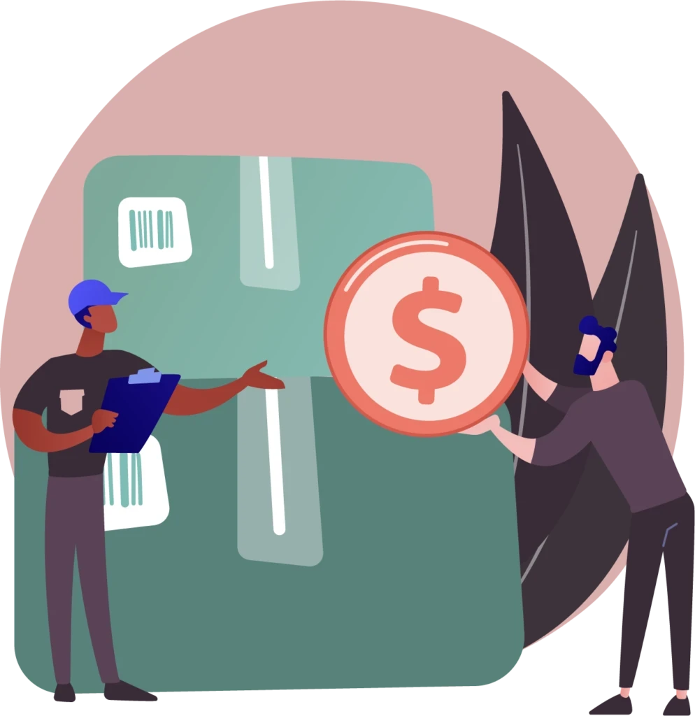 Illustrazione di consulenza logistica con gestione pagamenti per eCommerce, con operatori, pacchi e icona del dollaro