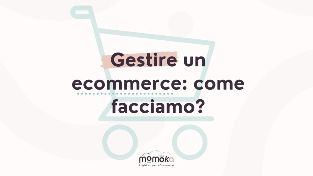 Momoka – grafica “Gestire un eCommerce: come facciamo?” con icona stilizzata di un carrello della spesa