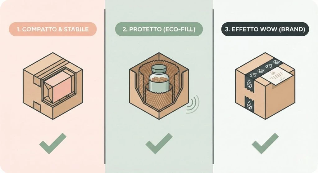 Infografica che riassume le tre regole per un imballaggio perfetto: 1. Compatto e stabile, 2. Protetto con eco-fill, 3. Effetto Wow con packaging brandizzato.