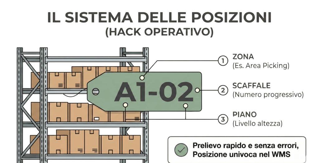 Infografica Momoka che spiega il sistema delle posizioni (Zona, Scaffale, Piano) per velocizzare il prelievo ed eliminare gli errori.