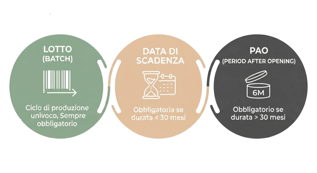 Infografica Momoka sugli elementi di tracciabilità beauty: Lotto (sempre obbligatorio), Scadenza (<30 mesi) e PAO (>30 mesi).