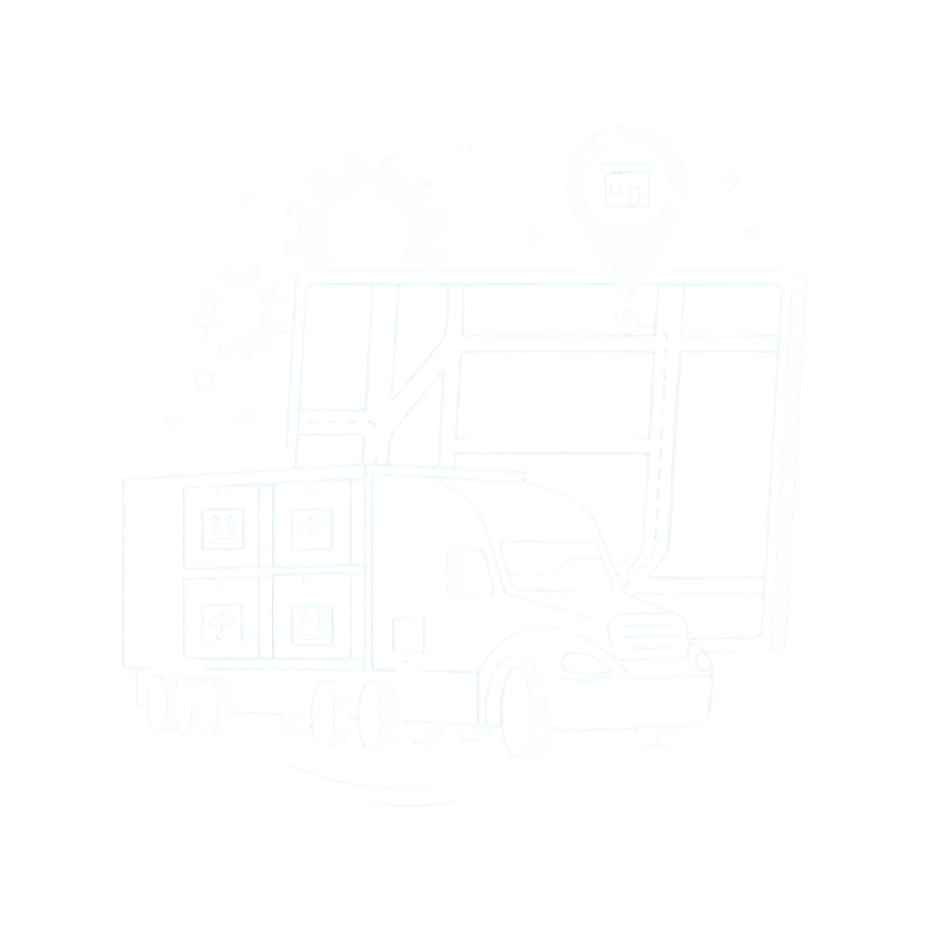 Illustrazione in line art bianca su sfondo verde Momoka che raffigura un camion merci, una mappa con pin di localizzazione e ingranaggi. Rappresenta l'ottimizzazione dei percorsi, il tracking avanzato e la gestione integrata delle spedizioni.