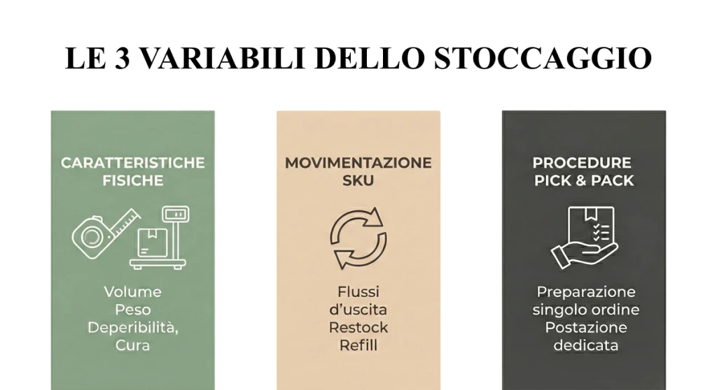 Infografica Momoka sulle 3 variabili dello stoccaggio strategico: caratteristiche fisiche, movimentazione SKU e procedure di pick and pack.