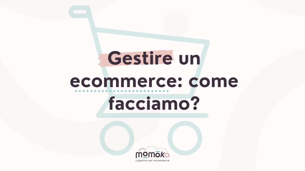 Momoka – grafica “Gestire un eCommerce: come facciamo?” con icona stilizzata di un carrello della spesa