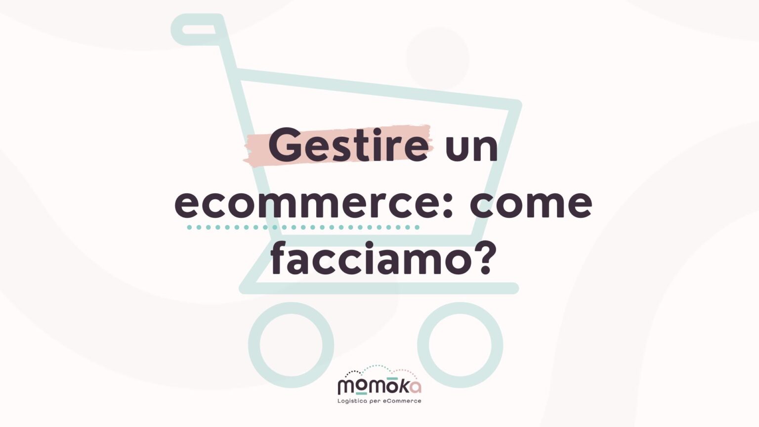 Momoka – grafica “Gestire un eCommerce: come facciamo?” con icona stilizzata di un carrello della spesa