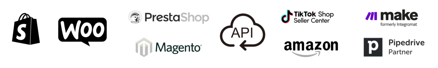 Loghi delle principali piattaforme eCommerce e strumenti integrati con MOMOKA, tra cui Shopify, WooCommerce, Prestashop, Magento, Amazon, TikTok Shop, Pipedrive e Make