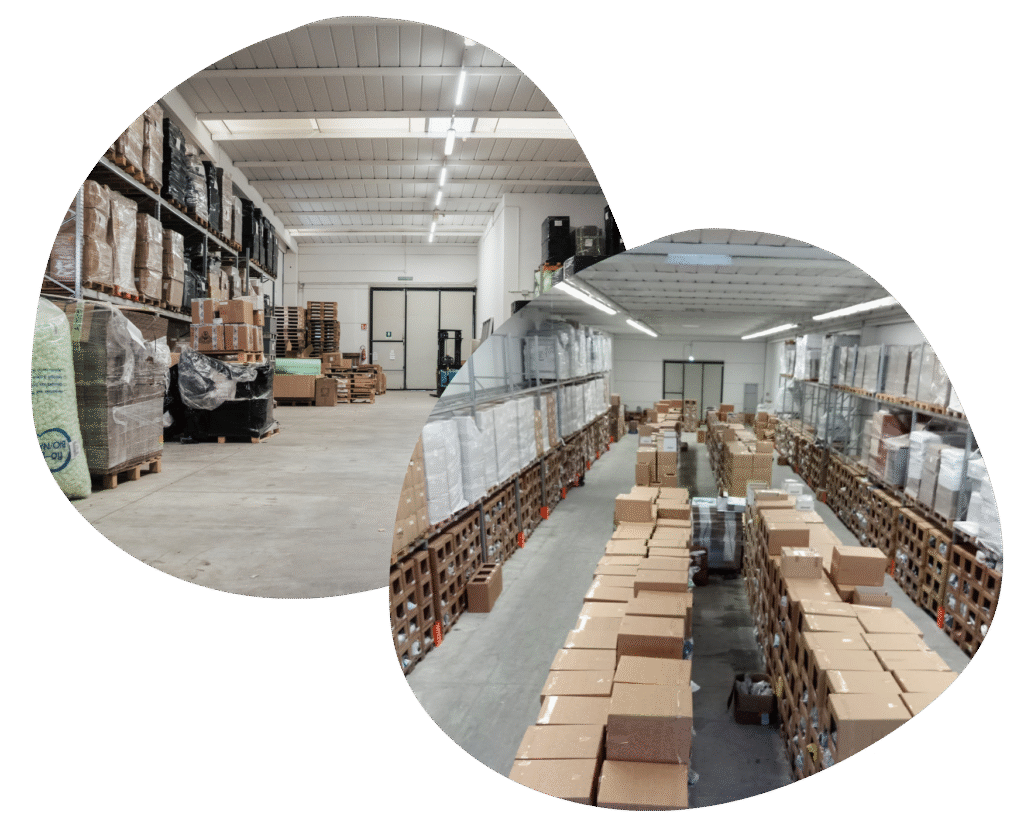 Magazzino eCommerce 3PL MOMOKA con scaffalature, pallet e colli pronti per spedizioni e gestione ordini
