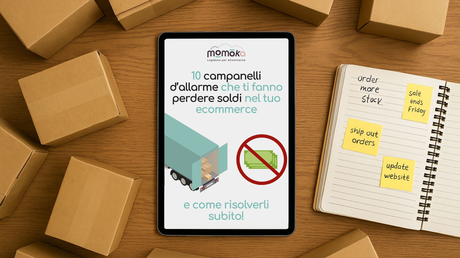 Guida Momokacorp su tablet: "10 campanelli d'allarme" per e-commerce tra scatole di spedizione e appunti di gestione.