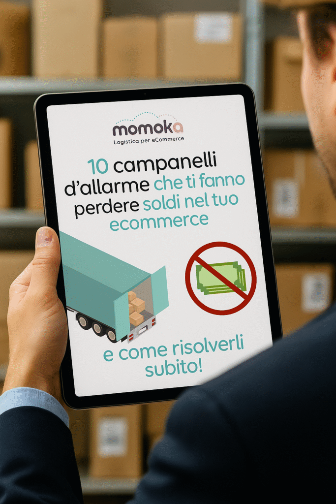 Uomo legge la guida Momokacorp "10 campanelli d'allarme che ti fanno perdere soldi nel tuo e-commerce" in un magazzino.
