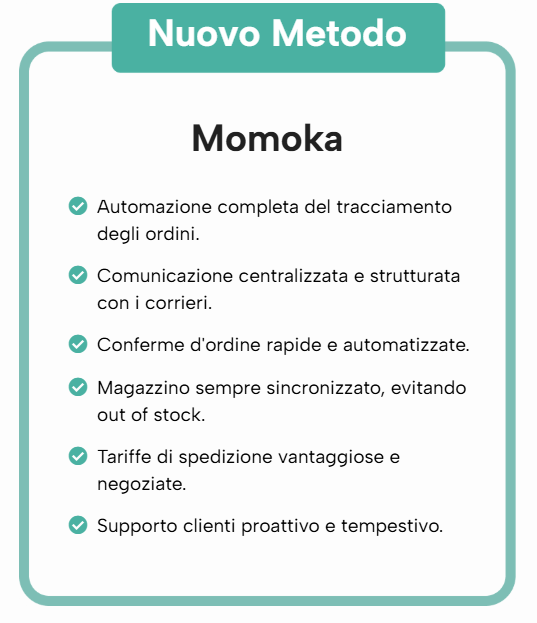 I vantaggi della Logistica Smart Momokacorp: tracciamento ordini, magazzino sincronizzato, tariffe vantaggiose e supporto clienti proattivo per e-commerce.
