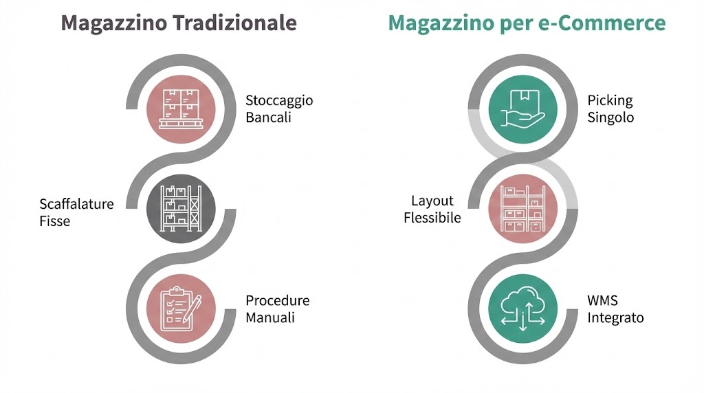Infografica che confronta il magazzino tradizionale (bancali, stoccaggio statico) con il magazzino e-commerce (picking singolo, flessibilità operativa).