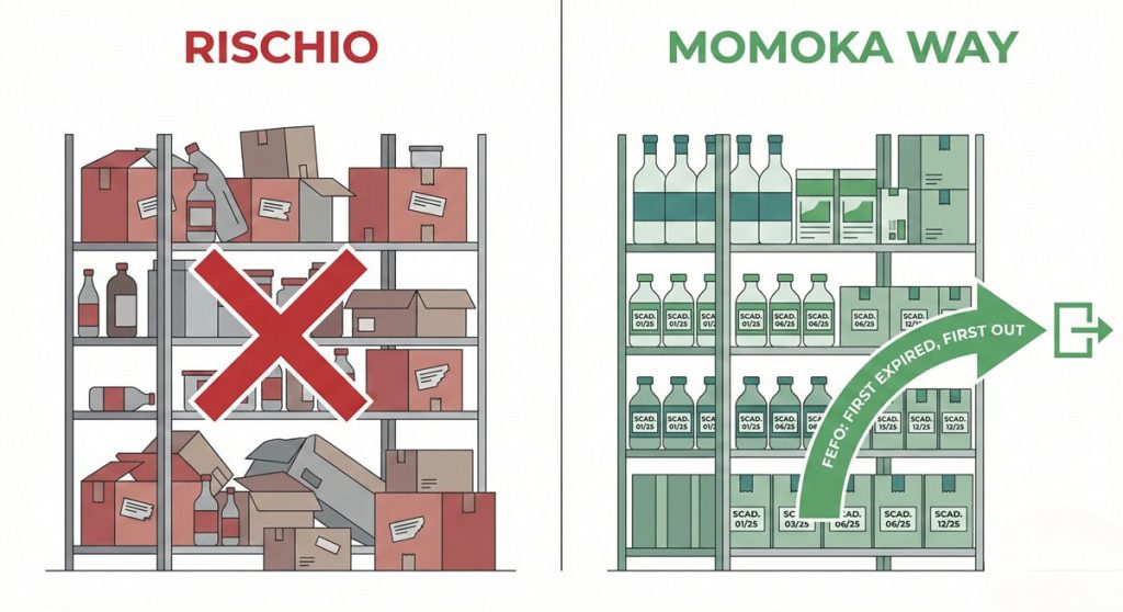 Illustrazione comparativa tra un magazzino a rischio (disordinato) e il "Momoka Way" basato sul metodo FEFO (First Expired, First Out) per la corretta rotazione degli integratori alimentari.