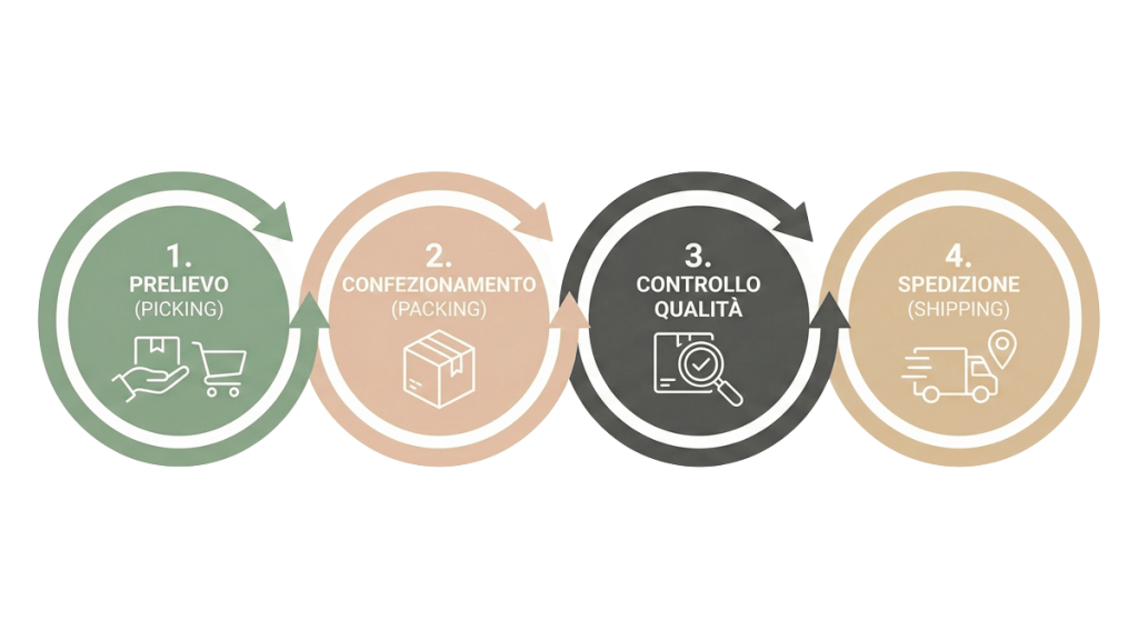 nfografica circolare di Momokacorp che illustra le 4 fasi del Pick & Pack: 1. Prelievo (Picking), 2. Confezionamento (Packing), 3. Controllo Qualità e 4. Spedizione (Shipping).