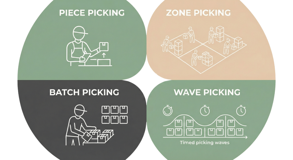 Schema grafico Momoka che spiega le differenze tra Piece, Zone, Batch e Wave picking per magazzino.