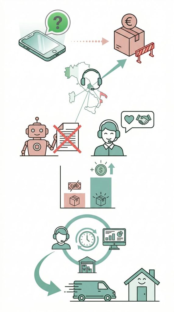 Infografica del processo di recupero ordini COD Momoka: dalla mancata risposta al bot WhatsApp all'intervento del call center umano in Italia, con sincronizzazione WMS e consegna finale.