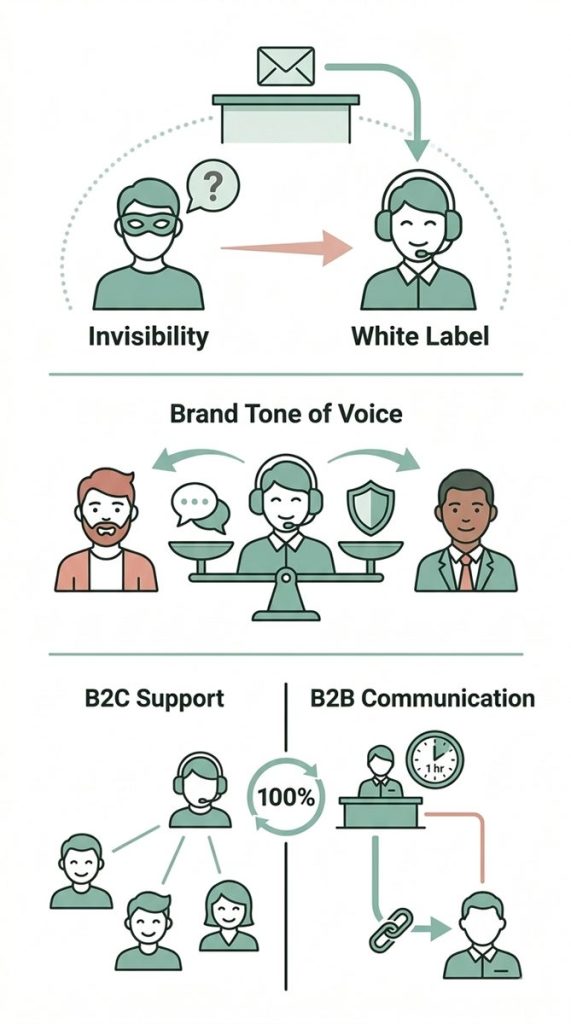 Infografica che illustra come il customer service di Momoka operi in modalità white label, adattandosi al tone of voice del brand per il 100% dell'assistenza B2C, separata dalla comunicazione B2B.