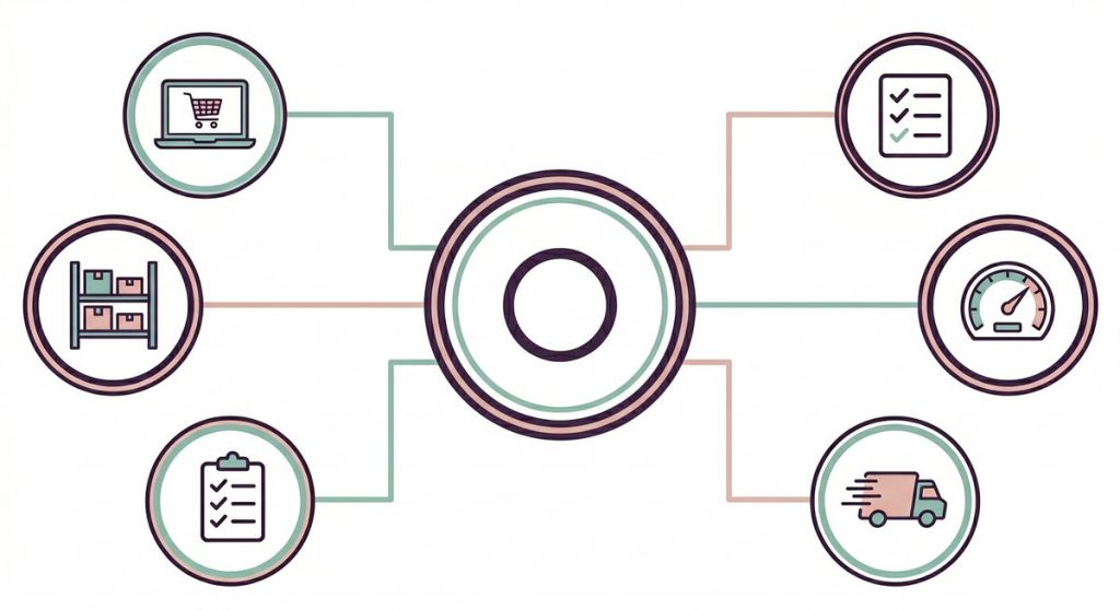 Infografica del processo pick and pack Momoka per eCommerce: integrazione, magazzino e spedizione rapida.