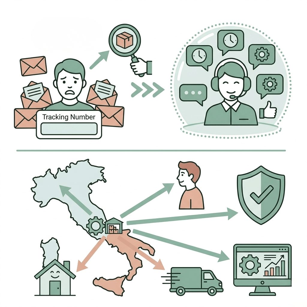 Grafica quadrata che illustra il passaggio dal supporto reattivo (email e stress) alla gestione proattiva di Momoka, con focus sull'hub logistico dell'Abruzzo che monitora spedizioni e risolve criticità tramite software ERP/WMS.