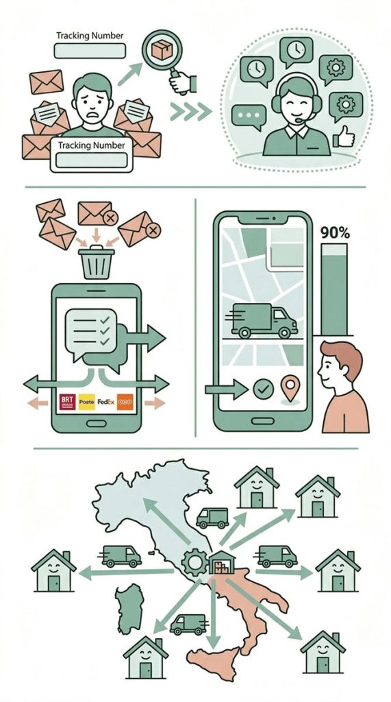 Infografica verticale che mostra il passaggio dalle email ignorate al tracking WhatsApp proattivo di Momoka (Follow Track), con focus sulla posizione strategica del magazzino in Abruzzo per spedizioni bilanciate in tutta Italia.