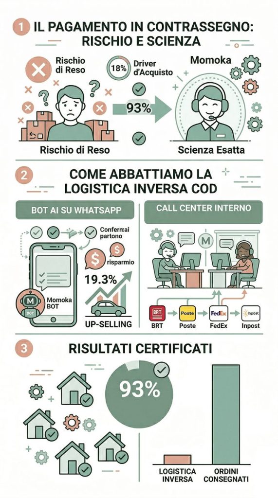 Infografica verticale che illustra il processo Momoka per il contrassegno: dalla prevenzione dei resi tramite BOT AI su WhatsApp al recupero delle giacenze con call center interno, mostrando l'aumento del delivery rate al 93%.