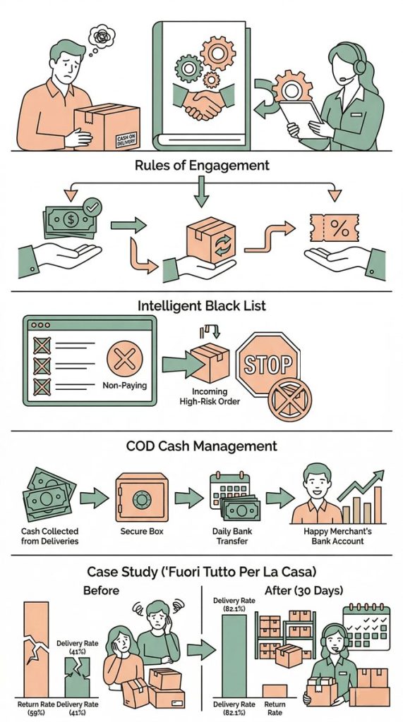 Infografica verticale che illustra il manuale operativo Momoka: regole di ingaggio per rimborsi e sostituzioni, filtro black list per bloccare gli ordini a rischio, gestione incassi e un caso studio visivo con il salto del delivery rate dal 41% all'82,1%.