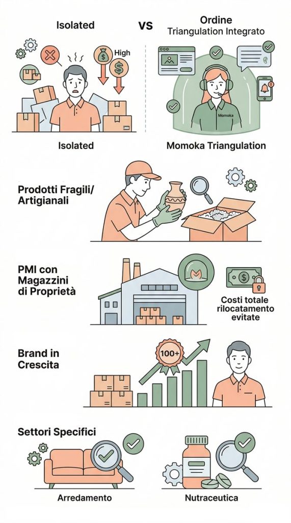 Infografica verticale divisa in sezioni: in alto il contrasto tra lo stress di un merchant isolato e il controllo del servizio clienti Momoka. Sotto, illustrazioni dei quattro target ideali per la logistica ibrida: gestione prodotti fragili, PMI con magazzino di proprietà, brand in crescita con oltre 100 ordini e settori con controllo qualità come arredamento e nutraceutica.