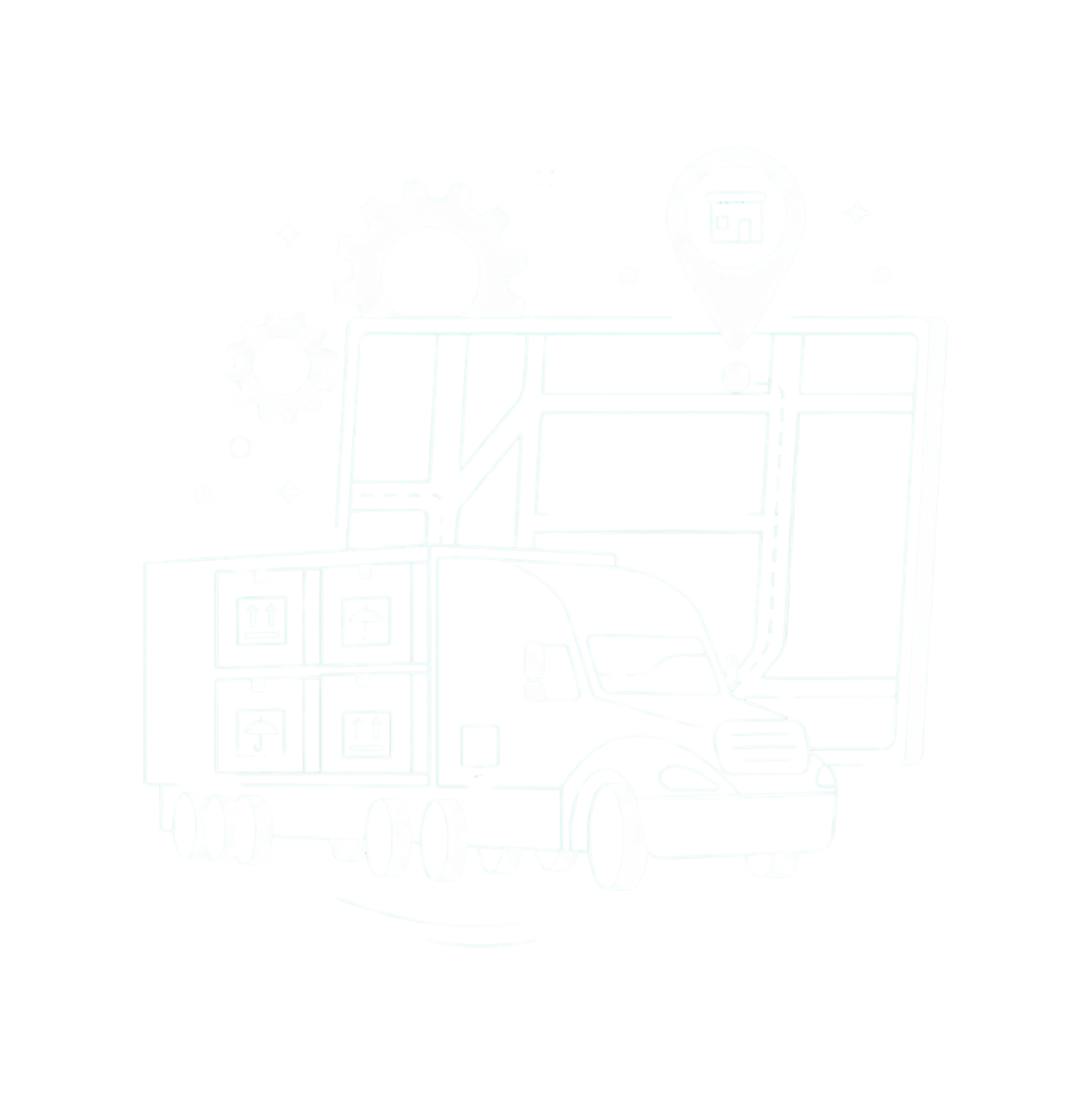 Illustrazione in line art bianca su sfondo verde Momoka che raffigura un camion merci, una mappa con pin di localizzazione e ingranaggi. Rappresenta l'ottimizzazione dei percorsi, il tracking avanzato e la gestione integrata delle spedizioni.